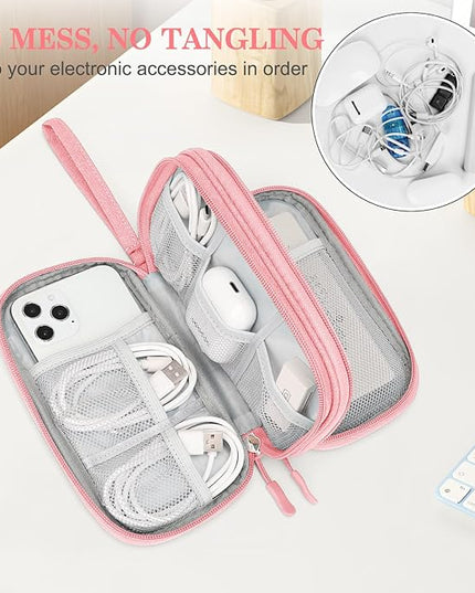 FYY Electronic Organizer, Travel Bag, Pouch, Carry Case Portable Waterproof Double Layers for Cable, Cord, Charger, Phone, Earphone Pink