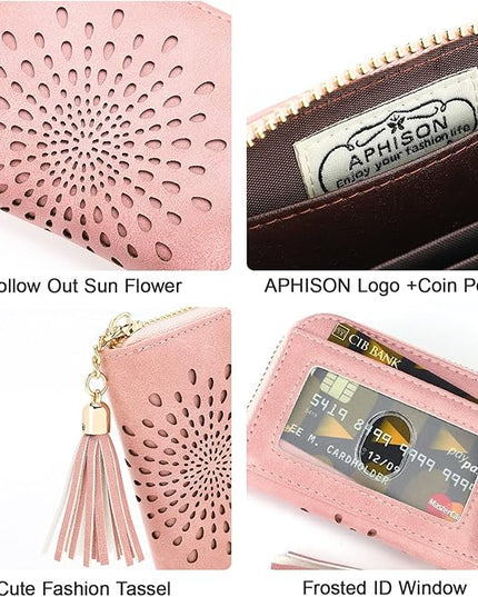 APHISON RFID Credit Card Holder Zipper Card Case Keychain Small Wallet for Women 1927 PINK