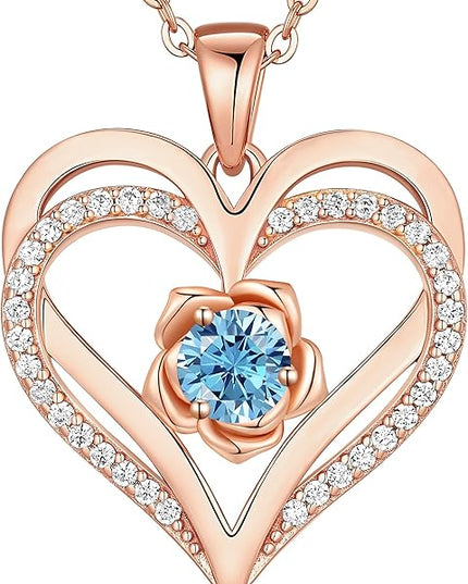 CDE Christmas Gifts for Women S925 Silver Rose Gold Heart Birthstone Necklaces for Women，Ideal Anniversary or Birthday Jewelry Gifts for Wife Girlfriend Her
