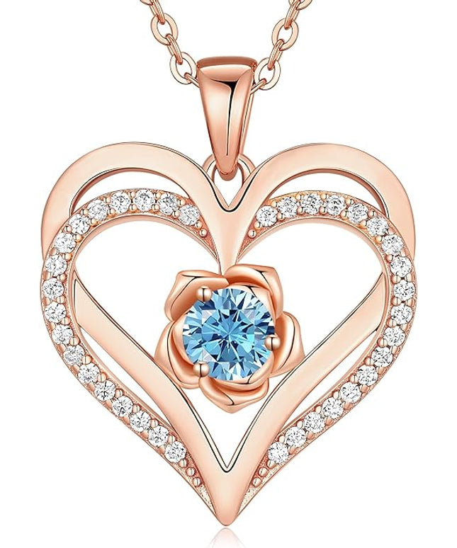CDE Christmas Gifts for Women S925 Silver Rose Gold Heart Birthstone Necklaces for Women，Ideal Anniversary or Birthday Jewelry Gifts for Wife Girlfriend Her