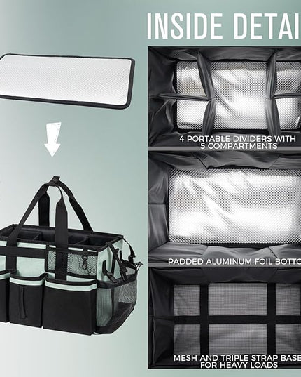 Wearable Cleaning Caddy, Cleaning Caddy Supplies Organizer with Handle & Shoulder Straps for Housekeepers, Under Sink & Car Cleaning Tool Organizers Bag with 4 Foldable Divider (Celadon)