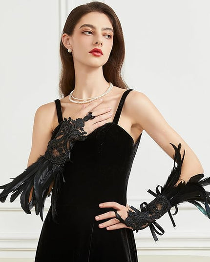 Women's Long Gothic Lace Gloves Feather Fingerless Gloves Stretch Wrist Cuffs for Wedding Party Halloween