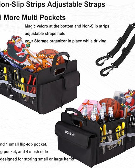Homeve Trunk Organizer for Car, Collapsible Storage Box, Car Storage Organizer, 3 Compartment, Multi Pockets, Non Slip Strips, Adjustable Securing Straps, Black