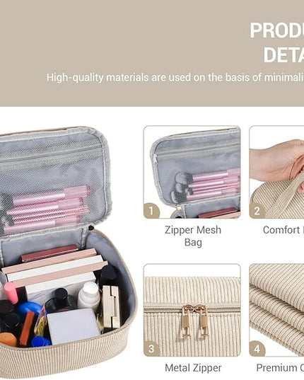 MAGEFY Small Makeup Bag for Purse Mini Cosmetics Bag Corduroy Cute Cosmetic Pouch for Women with Slip-in Pockets