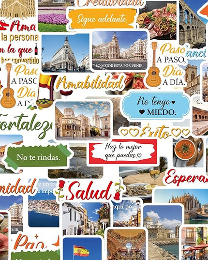 Spain Travel Stickers for Adults- 50 Pcs Spanish Landmark Souvenirs Water Bottle Stickers, Flag Waterproof Scrapbook Decals, Vinyl Sticker for Luggage Laptop Journaling