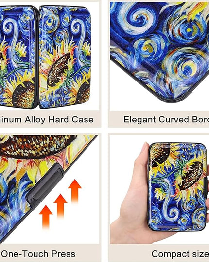 ELFISH Mini RFID Aluminum Wallet Credit Cards Holder Business Card Case Metal ID Case for Men Women (Sun flower)