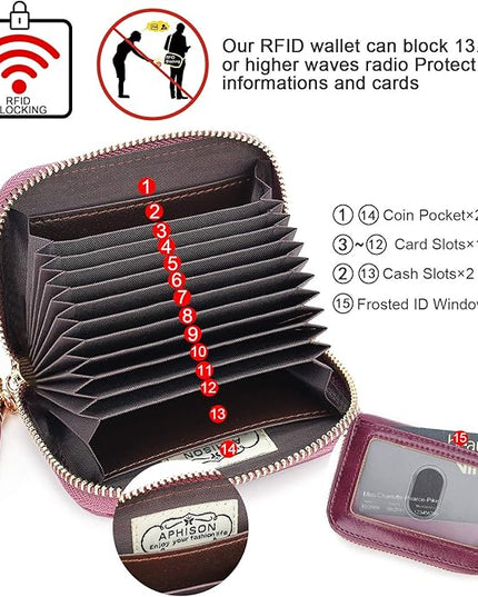 APHISON RFID Credit Card Holder Zipper Card Case Keychain Small Wallet for Women 1927 PURPLISH-RED
