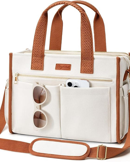 Canvas Tote Bag for Women, 15-Pockets Work Laptop Tote Purse Large Crossbody Nurse Teacher Bible Bag for School Travel Daily | with Strap & Zipper, Multi Compartment, Stand Upright Stably, College Shoulder Bag, Clinical Nursing Bag, Ideal Gift for Women