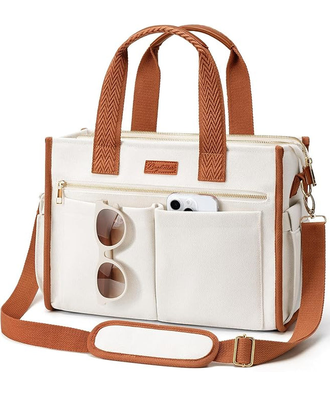 Canvas Tote Bag for Women, 15-Pockets Work Laptop Tote Purse Large Crossbody Nurse Teacher Bible Bag for School Travel Daily | with Strap & Zipper, Multi Compartment, Stand Upright Stably, College Shoulder Bag, Clinical Nursing Bag, Ideal Gift for Women