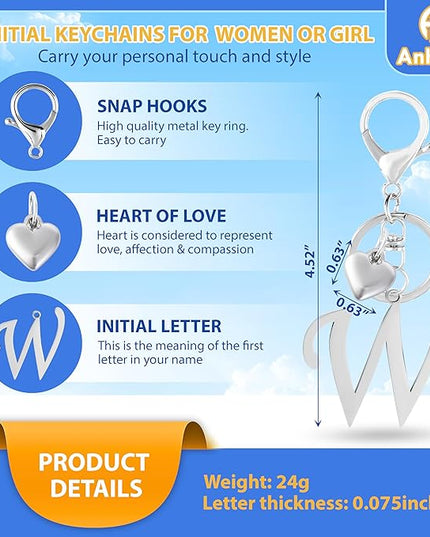 A-Z Heart Initial Letter Keychain, Stainless Steel Alphabet Charm for Handbags, Gift for Women and Girls