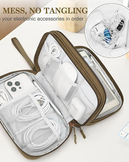 FYY Electronic Organizer, Large Travel Cable Organizer Bag Pouch Electronic Accessories Carry Case Portable Waterproof Double Layers All-in-One Storage Bag for Cable, Cord, Charger, Phone, Brown