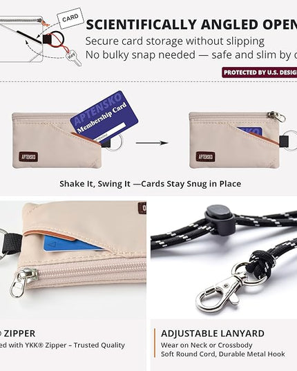RFID Travel Wallet with Adjustable Lanyard-Zipper Small Wallet with ID Card Holder, Keychain for women&men-Minimalist Slim Waterproof Nylon case for ID, Cash, Key (Almond White)