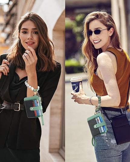 Keychain Wallet with Bracelet RFID Blocking Wristlet Credit Purse Card Holder, Silicone Bead Tassel Key Ring for Women