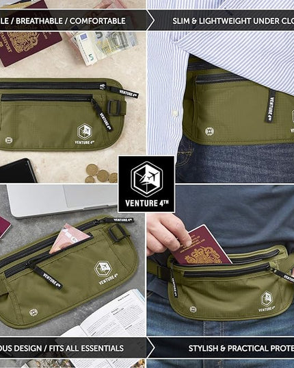 VENTURE 4TH Money Belt for Travel – Hidden Under-Clothes RFID Blocking Passport Holder & Slim Travel Wallet Pouch for Men & Women to Protect Cash, Cards & Documents (Green)