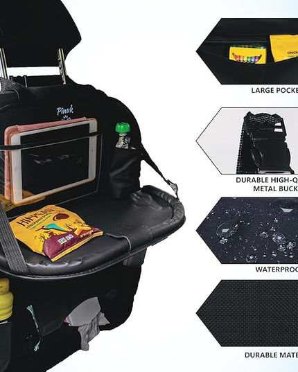 Car Backseat Organizer with Built-in Foldable Tray | Double Layered Leather, Waterproof Car Seat Organizer with - Pockets | Easy Installation, Perfect for Family Trips and Daily Use