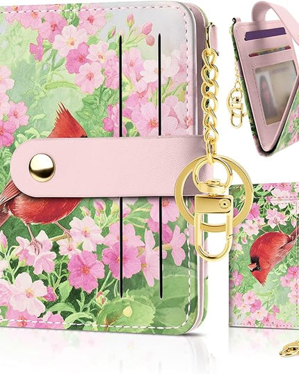 Sodsay Small Slim Wallet Women RFID Blocking, PU Leather Bifold Ladies Wallet with Zipper Coin Pocket, Thin Cute Travel Card Wallets for Girls, Pink Feathered Blossom