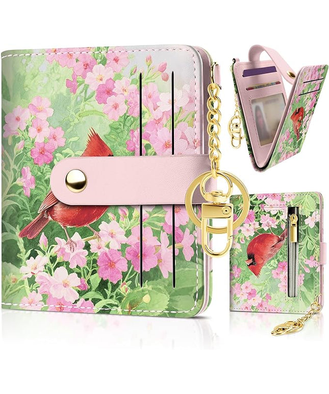 Sodsay Small Slim Wallet Women RFID Blocking, PU Leather Bifold Ladies Wallet with Zipper Coin Pocket, Thin Cute Travel Card Wallets for Girls, Pink Feathered Blossom