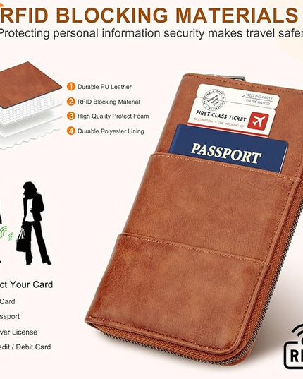 Family Passport Holder Wallet with Zipper, RFID Blocking Travel Document Organizer, PU Leather Passport Wallet for Women Men, Passport Cover Travel Wallet for Boarding Pass, ID, Money, Tickets