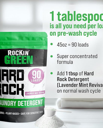 Rockin' Green Hard Rock Laundry Detergent for Hard Water (90 Loads), Plant based, Natural Laundry Detergent Powder, Biodegradable Odor Fighter, Safe for Sensitive Skin, 45 oz (Smashing Watermelons)