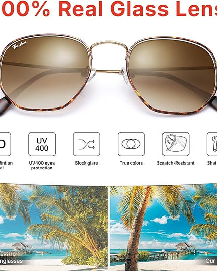 Pro Acme Small Square Sunglasses for Women Men 100% Real Glass Lens Hexagonal Frame