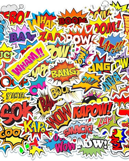 105PCS Comic Pop Art Stickers – Waterproof Vinyl Decals with Bold Words Like Wow, Pow, Boom – Great for Journals, Laptops, Gift Wrap, Water Bottles