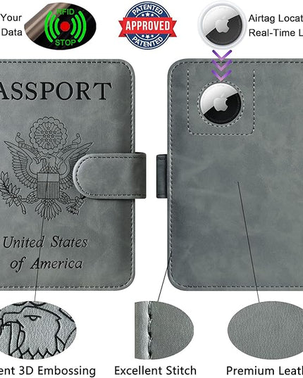 Airtag Passport Holder Cover Wallet Travel Essentials Leather Rfid Blocking Case Vacation Luggage Must Haves Travel Accessories for Men Women (117#Grey)