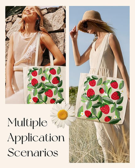 Aesthetic Embroidery Tote Bag for Women - Reusable Canvas Cute Shoulder Bag for Shopping, Grocery, Work, Book