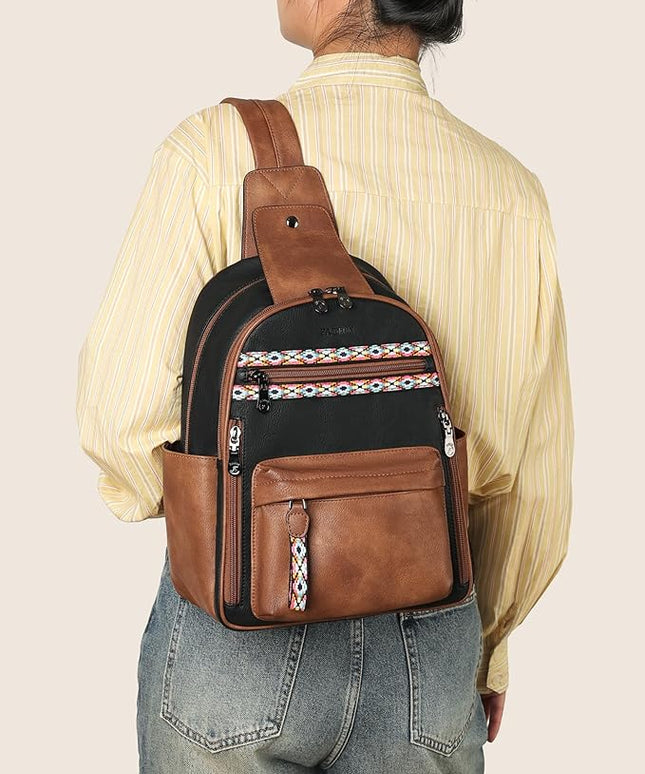 FADEON Large Sling Bag for Women, Leather Crossbody Purse Designer Anti Theft Sling Backpack, RFID Fanny Packs for Travel
