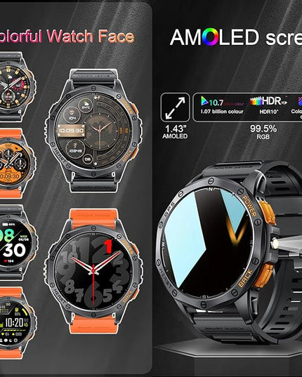 Military Smart Watches Built-in GPS, 170+ Sport Modes for Men with Flashlight, Smartwatch for Android Phones and iPhone, 1.43" AMOLED Screen Bluetooth Call Compass Altimeter (Black & Camo (2 Bands))