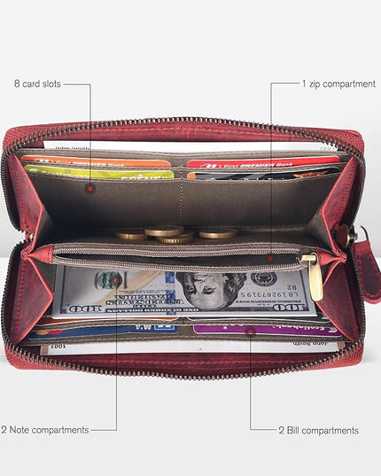 Red Embossed Wallet for Women - Leather RFID Womens Wallet Clutch with 8 Credit Card Holder, Coin Pocket, Gift for Women’s