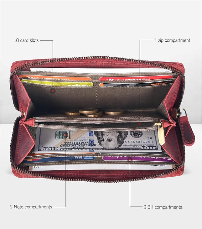 Oak Leathers Red Vintage Leather Wallet for Women - RFID Womens Wallet Clutch with 8 Credit Card Holder, Coin Pocket, Gift for Women’s