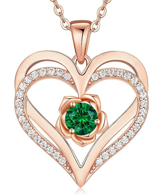 CDE Christmas Gifts for Women S925 Silver Rose Gold Heart Birthstone Necklaces for Women，Ideal Anniversary or Birthday Jewelry Gifts for Wife Girlfriend Her
