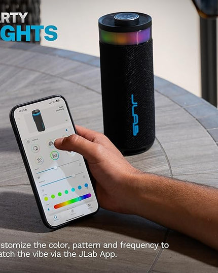 JLab Go Party Portable Bluetooth Speaker, Midnight Black, 10 Watts of Power, 16+ Hours of Playtime, IP56 Waterproofing, Customizable RGB LED Lighting, Lab Sync Up to 100 Speakers, Custom Sound in-App