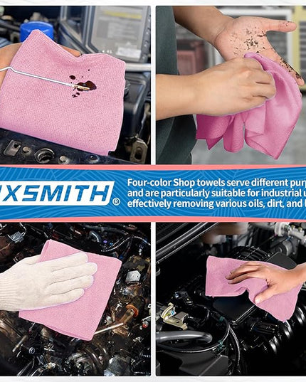 FIXSMITH Microfiber Cleaning Cloth, Shop Towels Bulk, 24 Pack Pink Microfiber Towels for Cars, All-Purpose Absorbent Cleaning Rags, Dust Cloth for Automotive, Mechanic, Garage, Bar, 12 x 11 inch