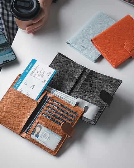 VULKIT Leather Passport Travel Wallet for 2 Passports Pocket Slim Double Passport Holder RFID Blocking with ID Window for Women or Men
