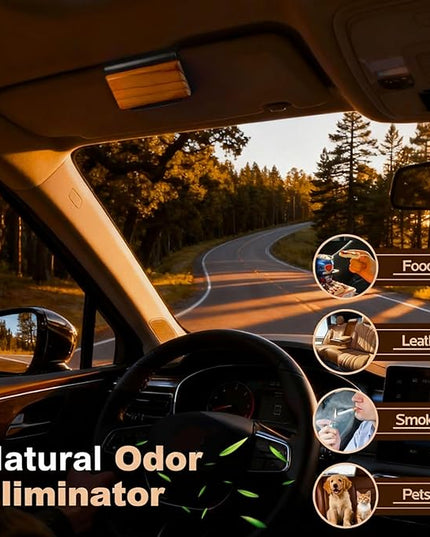 Wood Car Air Freshener - Natural Odor Eliminator & Long Lasting Scent Diffuser for Visor Clip - Car Interior Accessories for All Vehicles (Amber Starter Kit)
