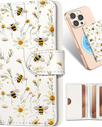 Shorogyt for Magnetic Phone Wallet Compatible with Magsafe for Women - Cute Luxury Slim Leather Card Holder Mag Wallets Fit 4 Cards,for iPhone 1716/15/14/13/12 Series for Apple RFID Magnet, Bee