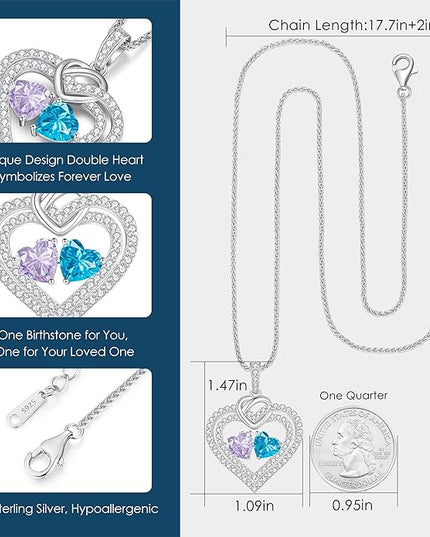LOUISA SECRET Sparkling Double Heart Birthstone Necklaces for Women, 925 Sterling Silver Fine Jewelry, Pendant Heart Necklaces Birthday Anniversary Christmas Gift for Women Wife Mom Girlfriend Lady