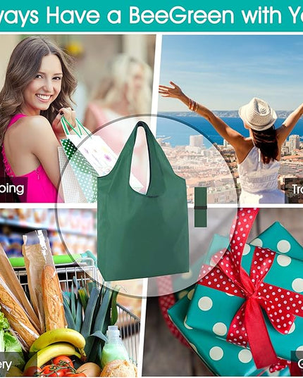 BeeGreen Reusable Bags for Shopping Machine Washable 12 Pack Xlarge Grocery bags Reusable Heavy Duty Folding with Elastic Band Colorful Tote Gift Bags Lightweight Durable Polyester