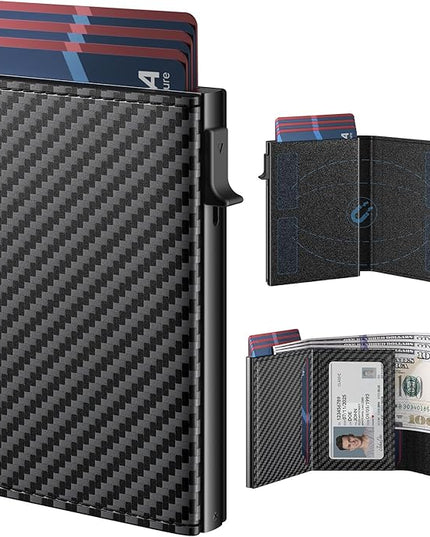 typecase Mens Wallet Card Holder: Pop Up Aluminum Case, Genuine Leather, Smart, RFID Blocking, Slim, Minimalist, Front Pocket - 9-14 Card Capacity | ID Window | Cash Slot (Carbon Fiber)