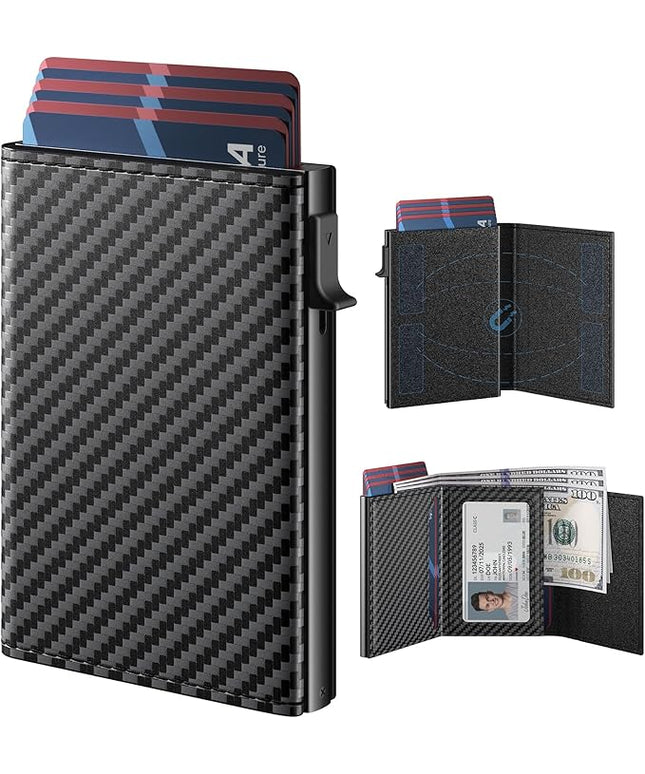 typecase Mens Wallet Card Holder: Pop Up Aluminum Case, Genuine Leather, Smart, RFID Blocking, Slim, Minimalist, Front Pocket - 9-14 Card Capacity | ID Window | Cash Slot (Carbon Fiber)