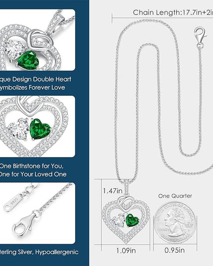 LOUISA SECRET Sparkling Double Heart Birthstone Necklaces for Women, 925 Sterling Silver Fine Jewelry, Pendant Heart Necklaces Birthday Anniversary Christmas Gift for Women Wife Mom Girlfriend Lady