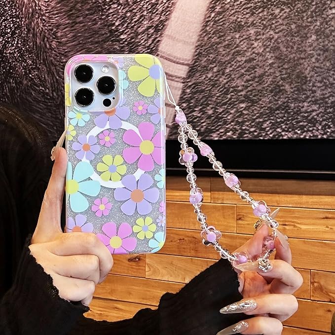 Compatible with iPhone 12 Cases Cute Bling Sparkly Floral Phone case,Flower with Wrist Strap Design, Compatible MagSafe Silicone Shockproof Phone case for Women and Teenage Girls.