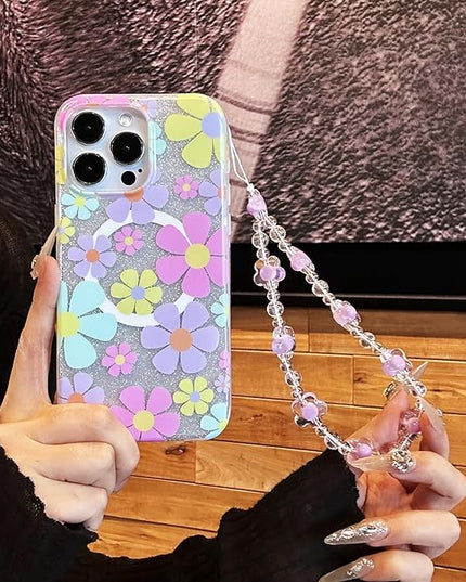Compatible with iPhone 13 Pro Cases Cute Bling Sparkly Floral Phone case,Flower with Wrist Strap Design, Compatible MagSafe Silicone Shockproof Phone case for Women and Teenage Girls.