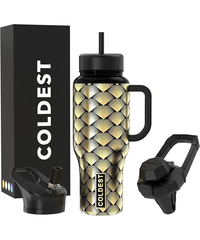 Coldest Tumbler with Handle and Straw - 100% Leak Proof Insulated Tumbler with Lid and Straw (3 Lids) - Stainless Steel Tumblers for Women & Men - Cup Holder Friendly Base, 36 oz (Gold Dragon)