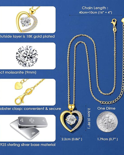 Beam & Bask Moissanite Heart Pendant Necklaces for Women, Engraved with LOVE, Sterling Silver Plated with 18K Gold, Anniversary and Birthday Jewelry for Wife, Girlfriend, Mom, or Her