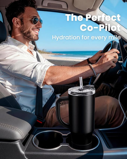 Renoj Tumbler with Handle 100% Leak Proof Insulated Water Bottle for Iced Coffee & Hot Drinks - Fits Car Cup Holder, Ideal Gift, 2 Straws & Silicone Boot BPA-Free - SnapShift Black 40 oz