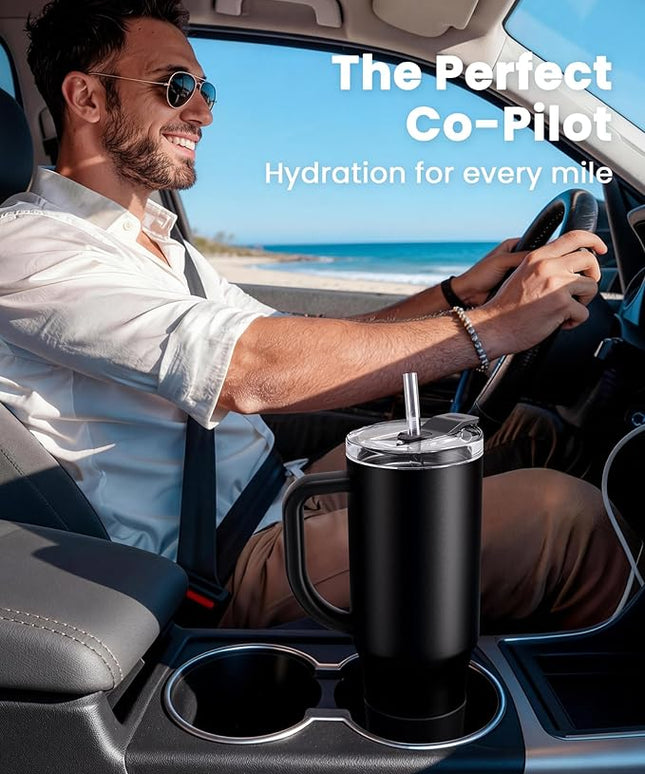 Renoj Tumbler with Handle 100% Leak Proof Insulated Water Bottle for Iced Coffee & Hot Drinks - Fits Car Cup Holder, Ideal Gift, 2 Straws & Silicone Boot BPA-Free - SnapShift Black 40 oz