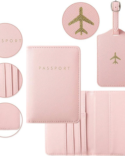 Weewooday 2 Set Mr and Mrs Passport Covers Holder and Luggage Tags Cute Leather Wallets Holder Travel Luggage Tags for Women Men Gift(Pink, Green)