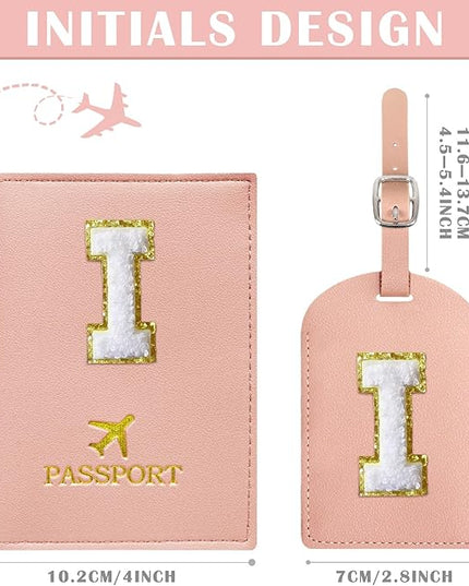 COSHAYSOO Passport Cover and Luggage Tag Set with Her Initial Chenille Letter Patch, Trendy Travel Bag Backpack Suitcase Identifier Gifts for Daughter Mother Sister in Law Pink I